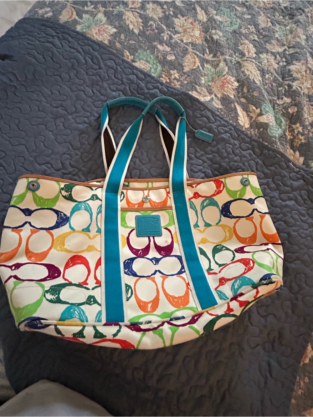 Coach Multicolor Signature Print Tote with Blue Trim